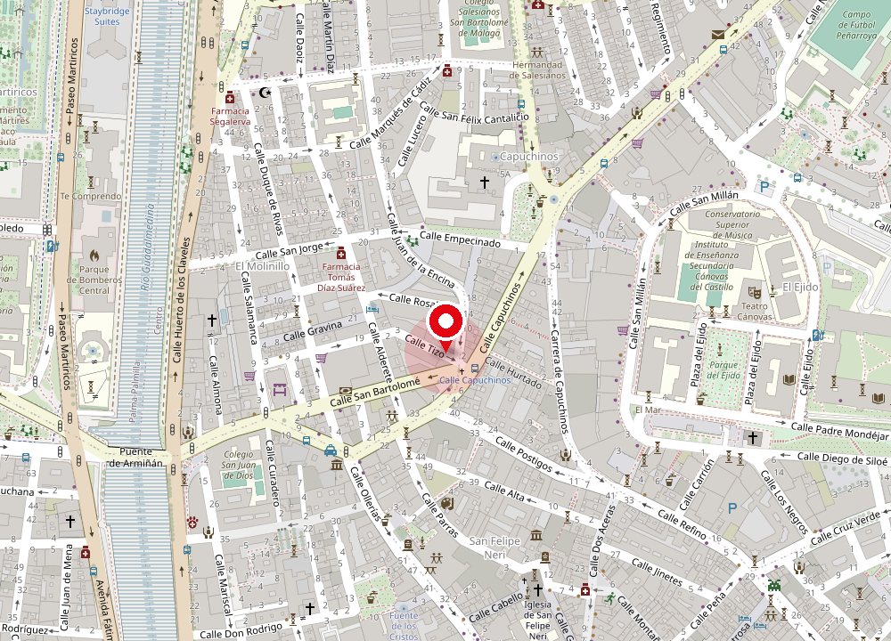 Map of central Málaga with the Dosta office marked on Calle Tizo, next to Calle Capuchinos