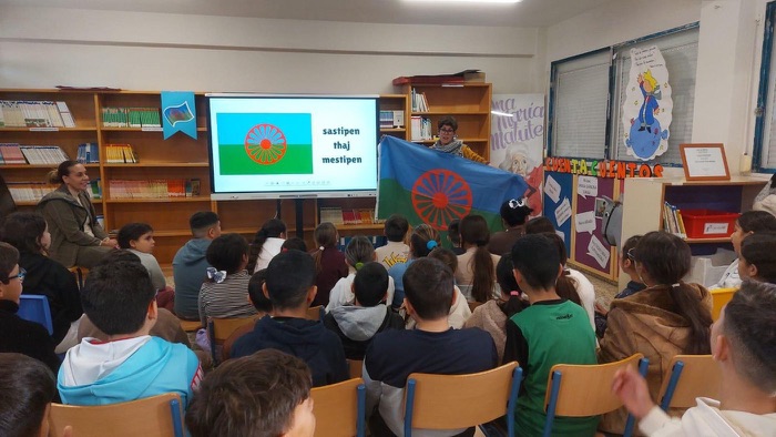 Schoolchildren in a school library, with the Romani flag in the background